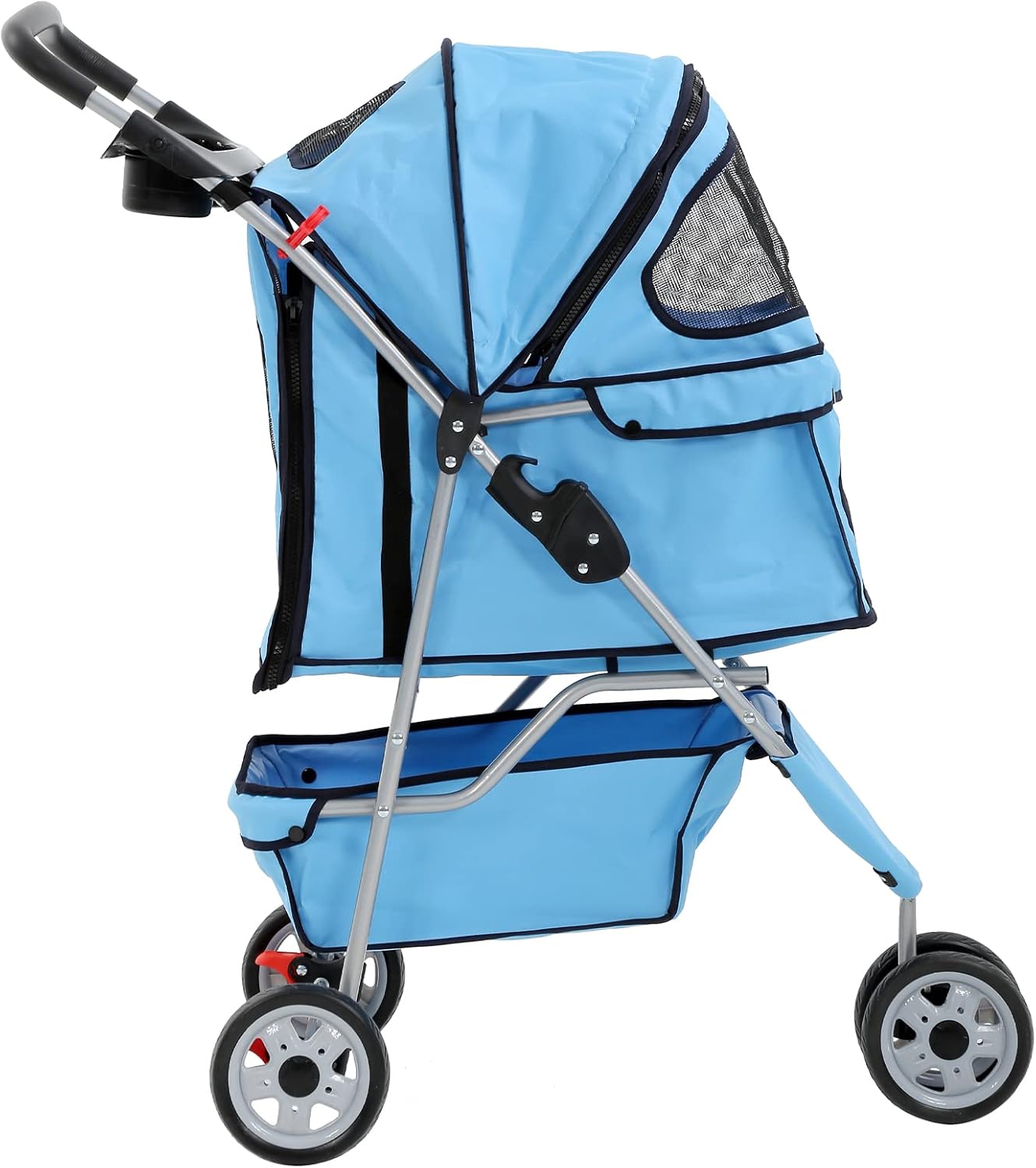 3-Wheel Pet Stroller, Lightweight Foldable Dog Stroller for Small Medium Dogs & Cats, Breathable Mesh & Weather Cover with Storage Basket, for Daily Walk Outdoor Travel (Blue)